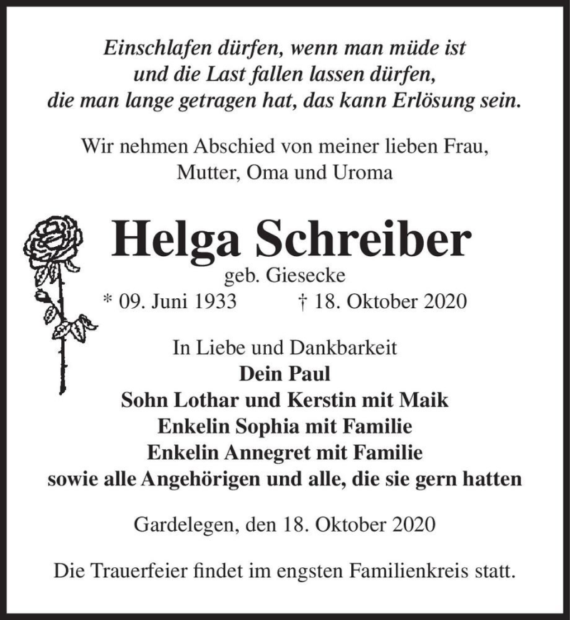  Traueranzeige für Helga Schreiber (geb. Giesecke)  vom 21.10.2020 aus Magdeburger Volksstimme
