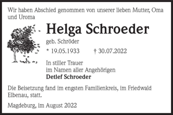 Traueranzeige von Helga Schroeder (geb. Schröder)  von Magdeburger Volksstimme