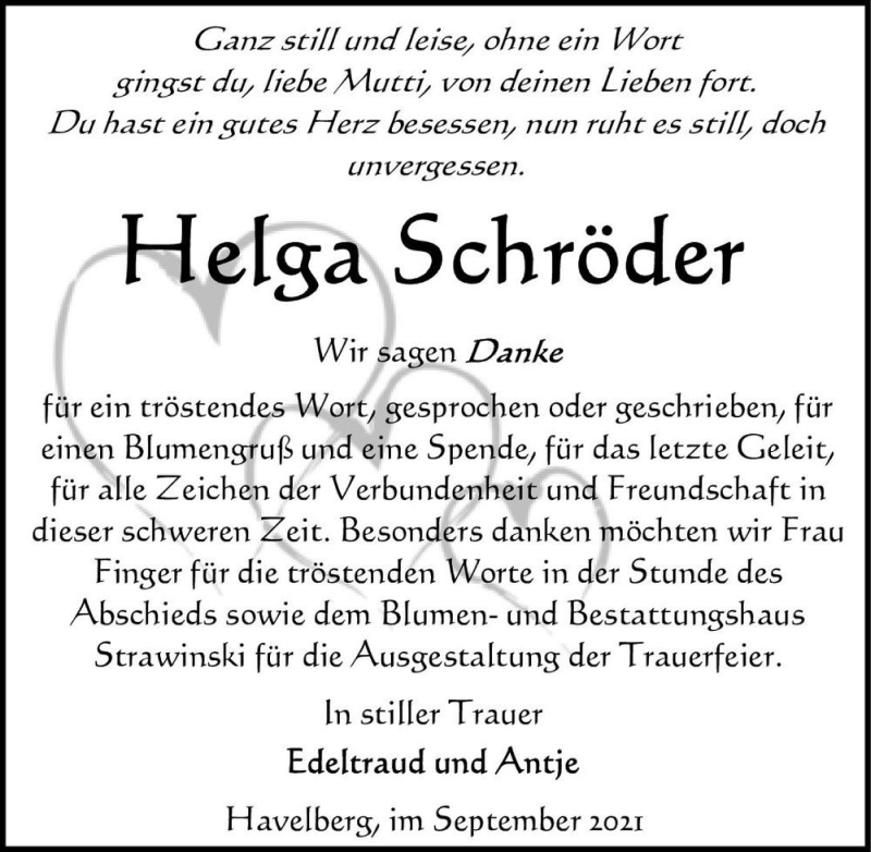  Traueranzeige für Helga Schröder  vom 25.09.2021 aus Magdeburger Volksstimme