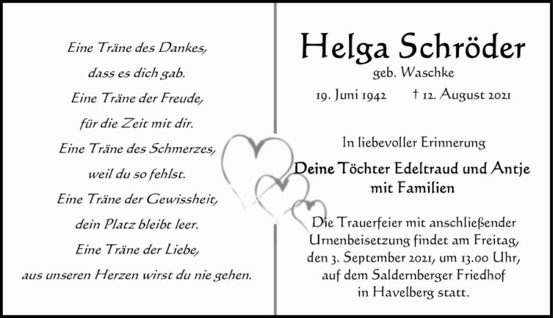  Traueranzeige für Helga Schröder (geb. Waschke)  vom 21.08.2021 aus Magdeburger Volksstimme
