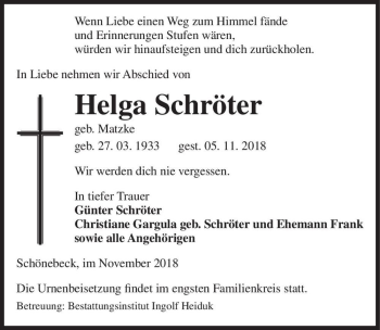 Traueranzeige von Helga Schröter (geb. Matzke)  von Magdeburger Volksstimme