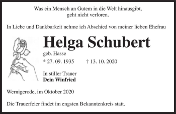 Traueranzeige von Helga Schubert (geb. Hasse)  von Magdeburger Volksstimme