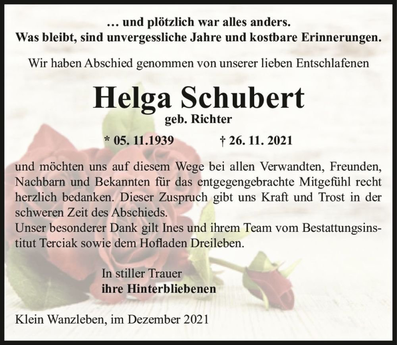  Traueranzeige für Helga Schubert (geb. Richter)  vom 18.12.2021 aus Magdeburger Volksstimme