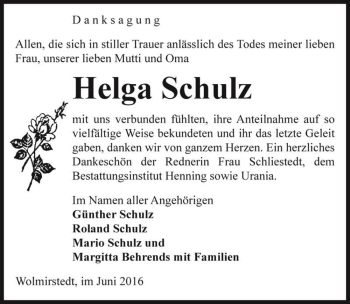 Traueranzeige von Helga Schulz  von Magdeburger Volksstimme