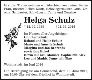 Traueranzeige von Helga Schulz  von Magdeburger Volksstimme