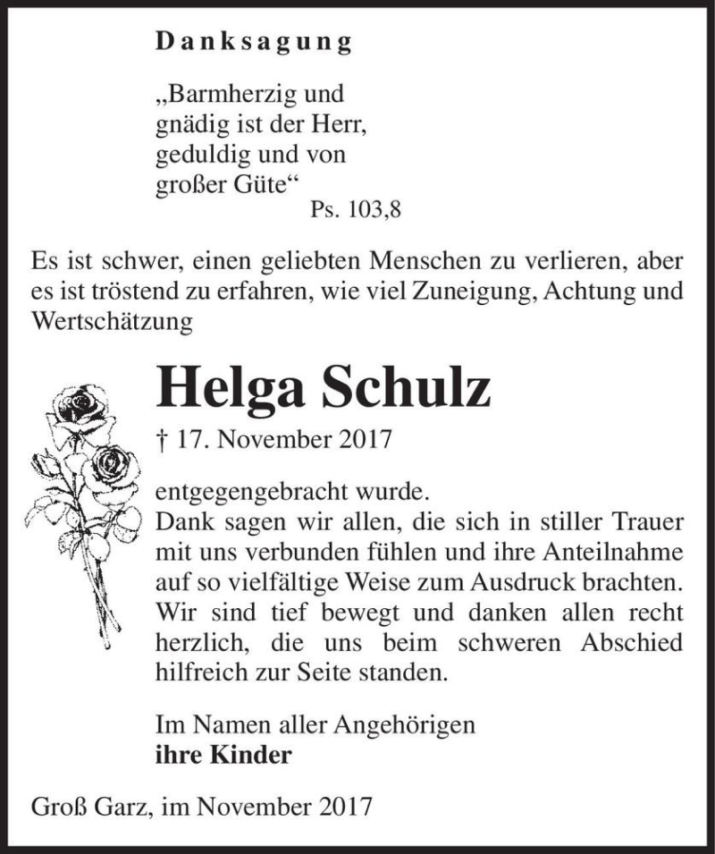  Traueranzeige für Helga Schulz  vom 02.12.2017 aus Magdeburger Volksstimme