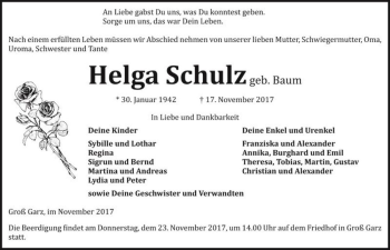 Traueranzeige von Helga Schulz (geb. Baum)  von Magdeburger Volksstimme