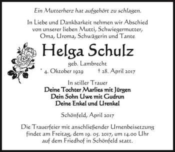Traueranzeige von Helga Schulz (geb. Lambrecht)  von Magdeburger Volksstimme