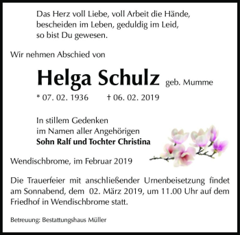 Traueranzeige von Helga Schulz (geb. Mumme)  von Magdeburger Volksstimme