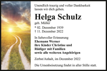 Traueranzeige von Helga Schulz (geb. Müller)  von Magdeburger Volksstimme