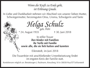 Traueranzeige von Helga Schulz (geb. Pehl)  von Magdeburger Volksstimme