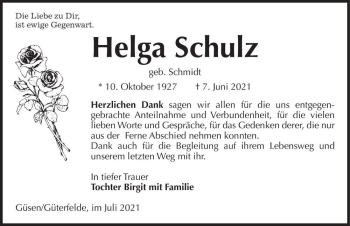 Traueranzeige von Helga Schulz (geb. Schmidt)  von Magdeburger Volksstimme