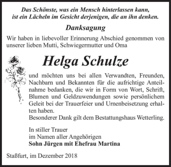 Traueranzeige von Helga Schulze  von Magdeburger Volksstimme