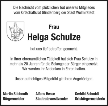 Traueranzeige von Helga Schulze  von Magdeburger Volksstimme