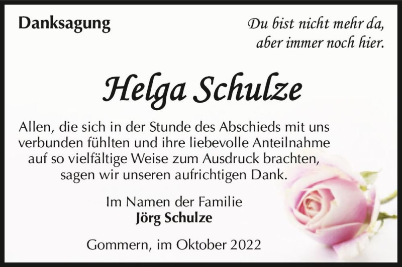 Traueranzeige für Helga Schulze  vom 08.10.2022 aus Magdeburger Volksstimme