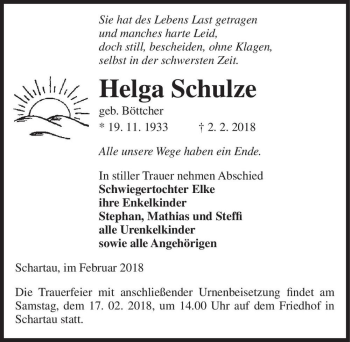 Traueranzeige von Helga Schulze (geb. Böttcher)  von Magdeburger Volksstimme