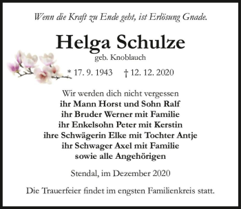 Traueranzeige von Helga Schulze (geb. Knoblauch)  von Magdeburger Volksstimme