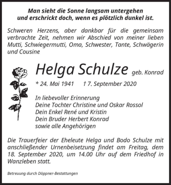 Traueranzeige von Helga Schulze (geb. Konrad)  von Magdeburger Volksstimme