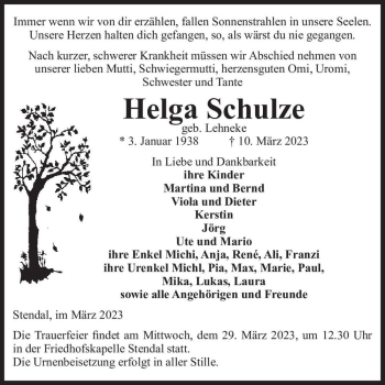 Traueranzeige von Helga Schulze (geb. Lehneke)  von Magdeburger Volksstimme