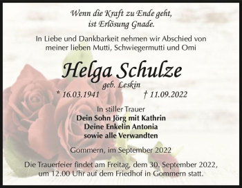 Traueranzeige von Helga Schulze (geb. Leskin)  von Magdeburger Volksstimme