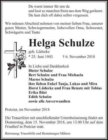 Traueranzeige von Helga Schulze (geb. Lüdecke)  von Magdeburger Volksstimme
