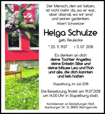 Traueranzeige von Helga Schulze (geb. Reulecke)  von Magdeburger Volksstimme