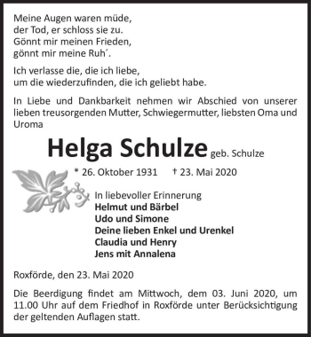Traueranzeige von Helga Schulze (geb. Schulze)  von Magdeburger Volksstimme