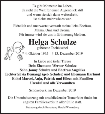 Traueranzeige von Helga Schulze (geb. Tschötschel)  von Magdeburger Volksstimme