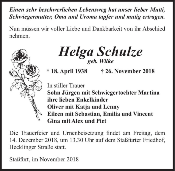 Traueranzeige von Helga Schulze (geb. Wilke)  von Magdeburger Volksstimme