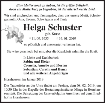 Traueranzeige von Helga Schuster (geb. Kruse)  von Magdeburger Volksstimme