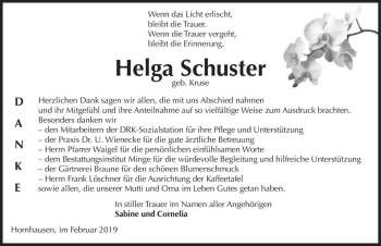 Traueranzeige von Helga Schuster (geb. Kruse)  von Magdeburger Volksstimme