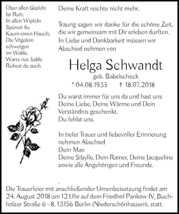 Traueranzeige von Helga Schwandt (geb. Babelscheck)  von Magdeburger Volksstimme