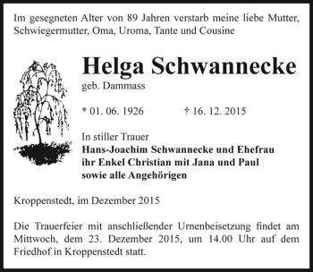 Traueranzeige von Helga Schwannecke (geb. Dammass)  von Magdeburger Volksstimme