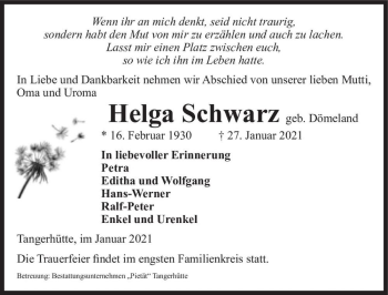 Traueranzeige von Helga Schwarz (geb. Dömeland)  von Magdeburger Volksstimme