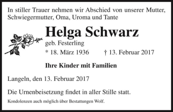Traueranzeige von Helga Schwarz (geb. Festerling)  von Magdeburger Volksstimme