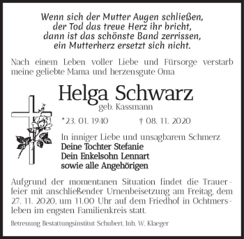 Traueranzeige von Helga Schwarz (geb. Kassmann)  von Magdeburger Volksstimme
