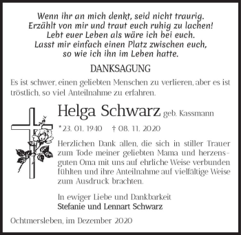 Traueranzeige von Helga Schwarz (geb. Kassmann)  von Magdeburger Volksstimme
