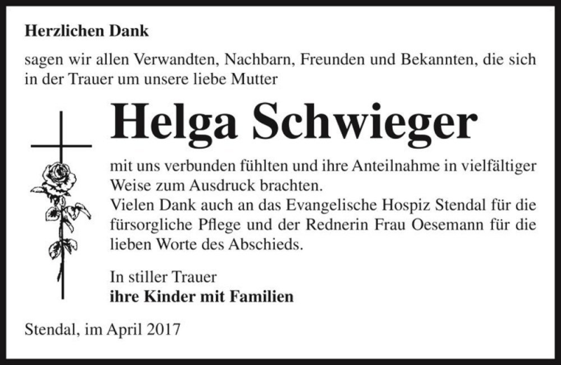  Traueranzeige für Helga Schwieger  vom 29.04.2017 aus Magdeburger Volksstimme