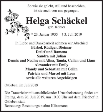 Traueranzeige von Helga Schäckel (geb. Köhler)  von Magdeburger Volksstimme