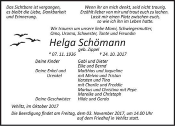 Traueranzeige von Helga Schömann (geb. Zippel)  von Magdeburger Volksstimme