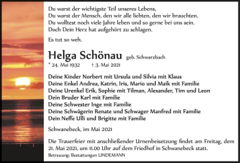 Traueranzeige von Helga Schönau (geb. Schwarzbach)  von Magdeburger Volksstimme