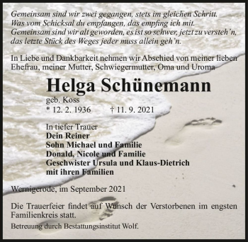 Traueranzeige von Helga Schünemann (geb. Koss)  von Magdeburger Volksstimme
