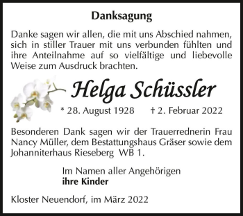 Traueranzeige von Helga Schüssler  von Magdeburger Volksstimme