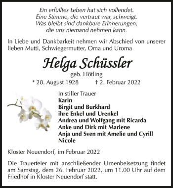 Traueranzeige von Helga Schüssler (geb. Hötling)  von Magdeburger Volksstimme