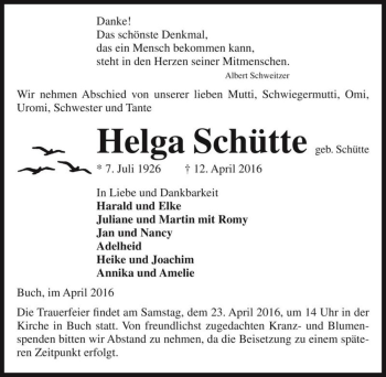 Traueranzeige von Helga Schütte (geb. Schütte)  von Magdeburger Volksstimme
