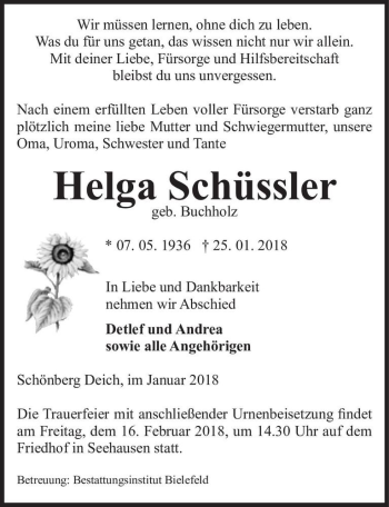 Traueranzeige von Helga Schüßler (geb. Buchholz)  von Magdeburger Volksstimme