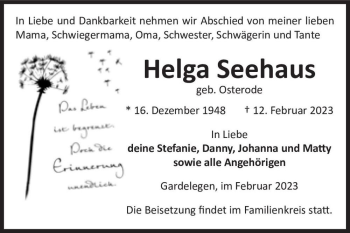 Traueranzeige von Helga Seehaus (geb. Osterode)  von Magdeburger Volksstimme