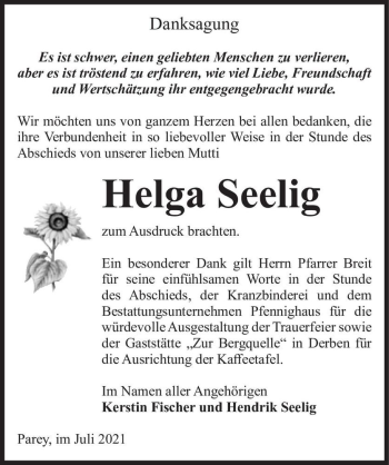 Traueranzeige von Helga Seelig  von Magdeburger Volksstimme