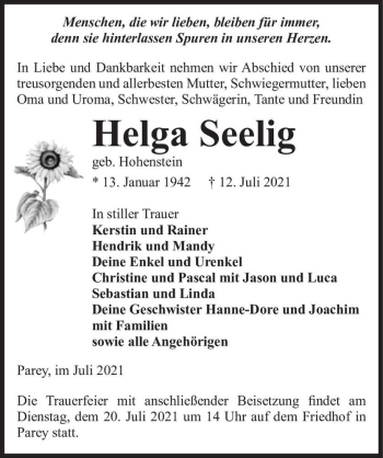 Traueranzeige von Helga Seelig (geb. Hohenstein)  von Magdeburger Volksstimme