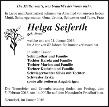 Traueranzeige von Helga Seiferth (geb. Raue)  von Magdeburger Volksstimme